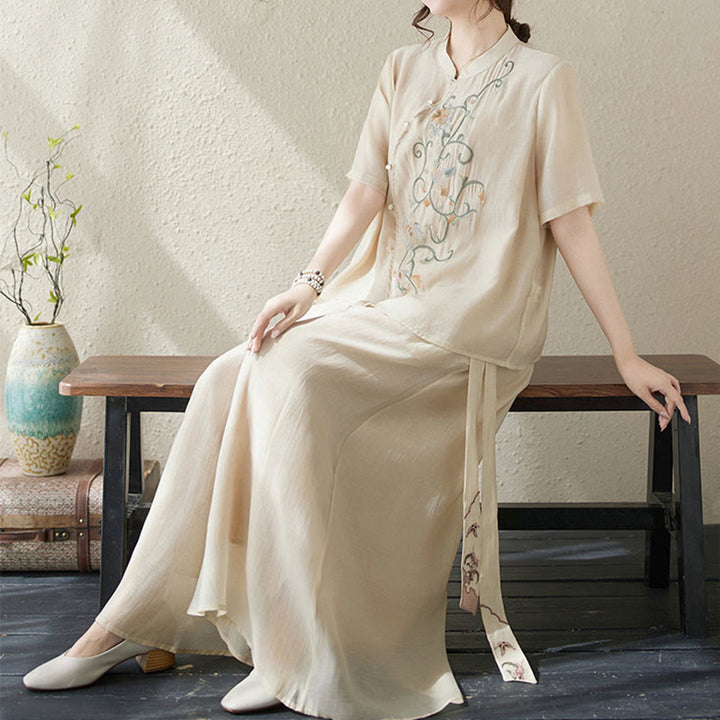 Buddha Stones Conjunto de 2 piezas de camiseta de manga corta con bordado de flores y pantalones de pierna ancha - image 4