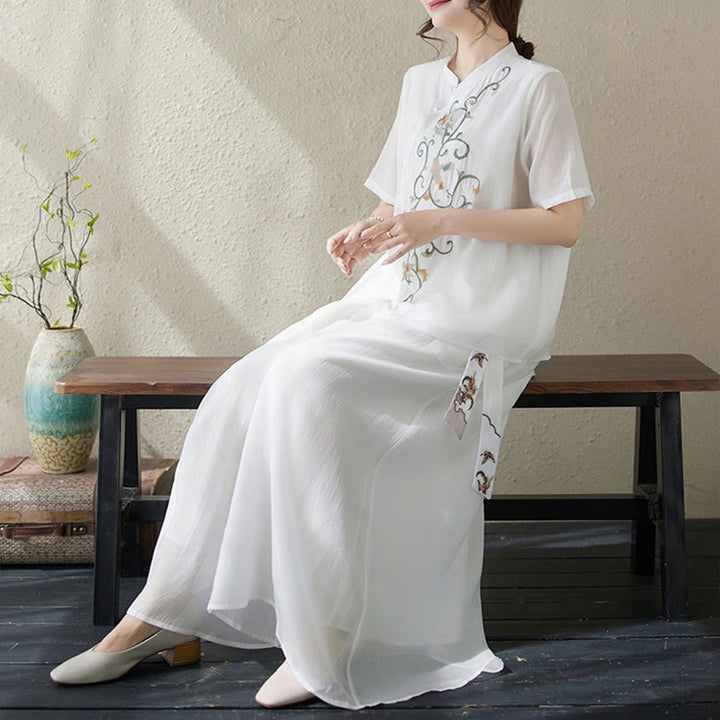 Buddha Stones Conjunto de 2 piezas de camiseta de manga corta con bordado de flores y pantalones de pierna ancha