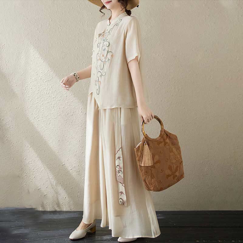 Buddha Stones Conjunto de 2 piezas de camiseta de manga corta con bordado de flores y pantalones de pierna ancha - image 3