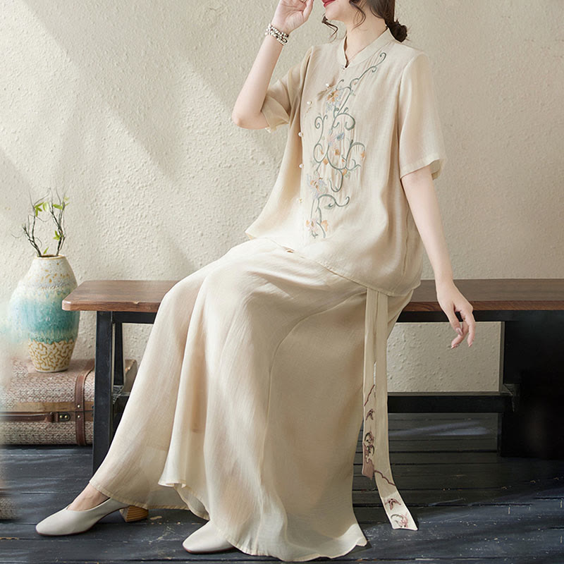 Buddha Stones Conjunto de 2 piezas de camiseta de manga corta con bordado de flores y pantalones de pierna ancha - image 7