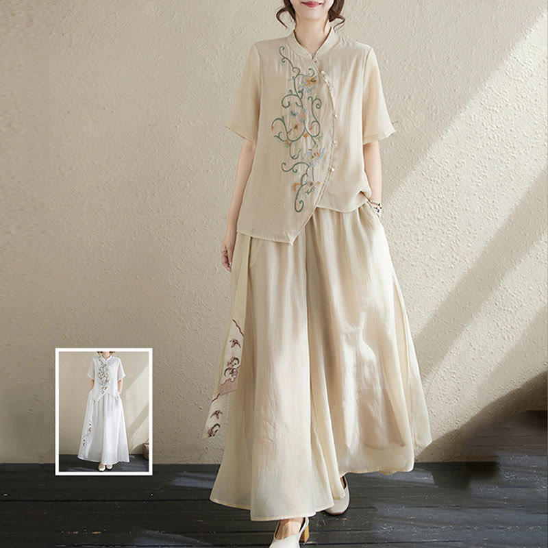 Buddha Stones Conjunto de 2 piezas de camiseta de manga corta con bordado de flores y pantalones de pierna ancha - image 8