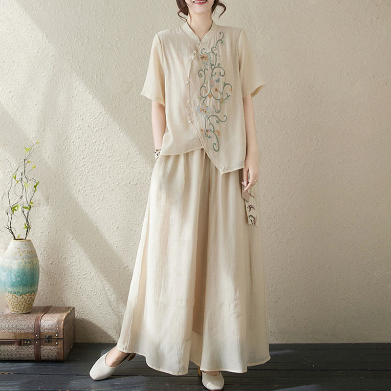 Buddha Stones Conjunto de 2 piezas de camiseta de manga corta con bordado de flores y pantalones de pierna ancha - image 6