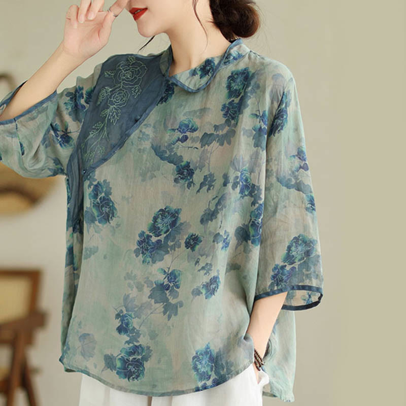 Camisa de lino y ramio con mangas tres cuartos y diseño de flores de jacarandá azul de Buddha Stones, talla grande - image 3
