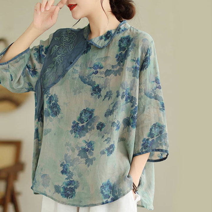 Camisa de lino y ramio con mangas tres cuartos y diseño de flores de jacarandá azul de Buddha Stones, talla grande - image 3