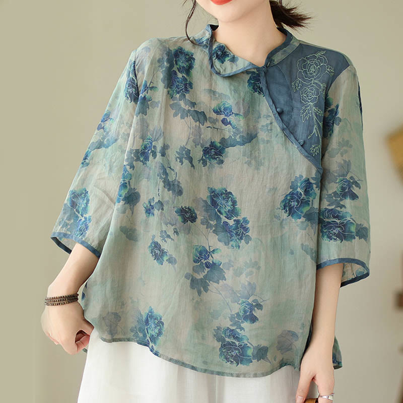 Camisa de lino y ramio con mangas tres cuartos y diseño de flores de jacarandá azul de Buddha Stones, talla grande - image 8