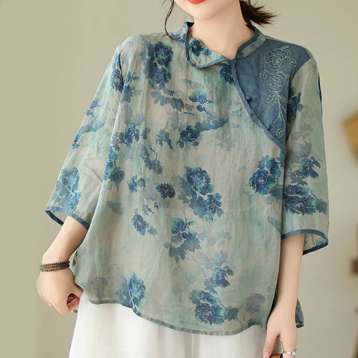 Camisa de lino y ramio con mangas tres cuartos y diseño de flores de jacarandá azul de Buddha Stones, talla grande - image 8