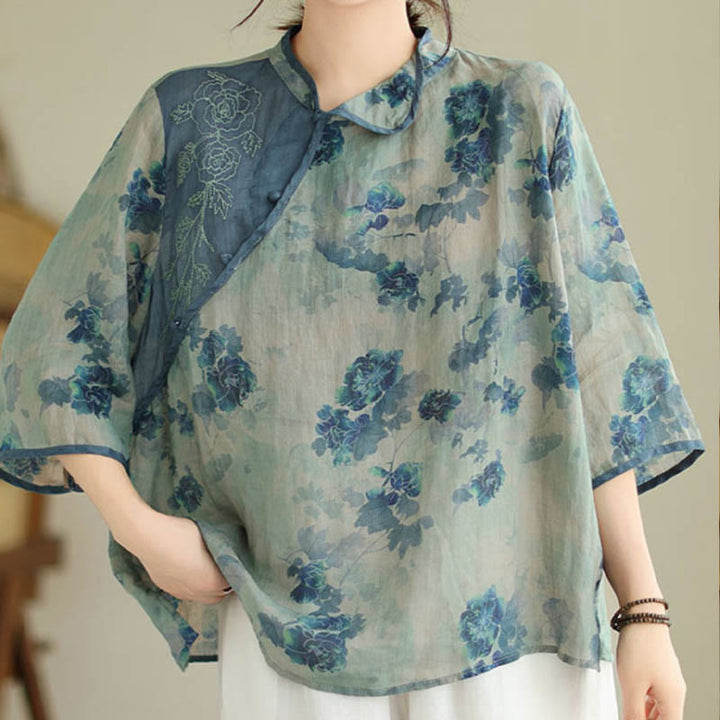 Camisa de lino y ramio con mangas tres cuartos y diseño de flores de jacarandá azul de Buddha Stones, talla grande - image 3