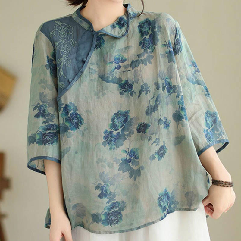 Camisa de lino y ramio con mangas tres cuartos y diseño de flores de jacarandá azul de Buddha Stones, talla grande - US16，UK/AU20，EU48 (3XL) - image 1