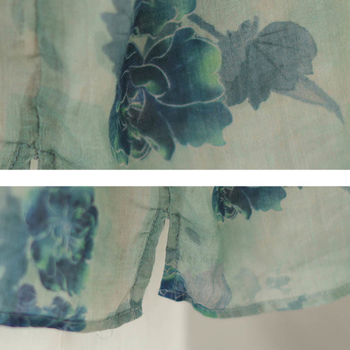 Camisa de lino y ramio con mangas tres cuartos y diseño de flores de jacarandá azul de Buddha Stones, talla grande - image 12