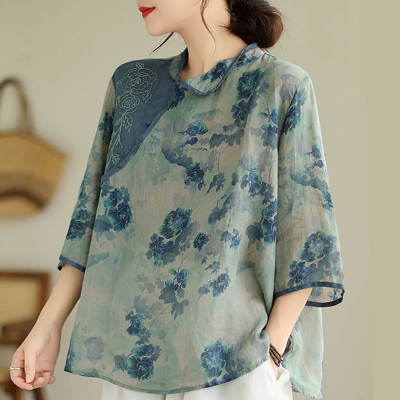 Camisa de lino y ramio con mangas tres cuartos y diseño de flores de jacarandá azul de Buddha Stones, talla grande - image 5