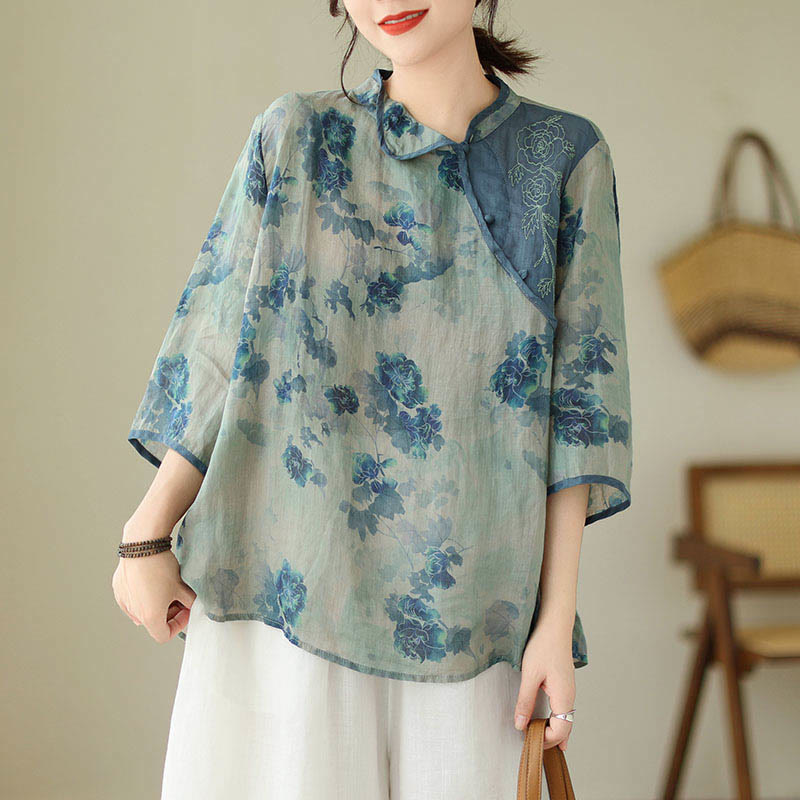 Camisa de lino y ramio con mangas tres cuartos y diseño de flores de jacarandá azul de Buddha Stones, talla grande - image 10