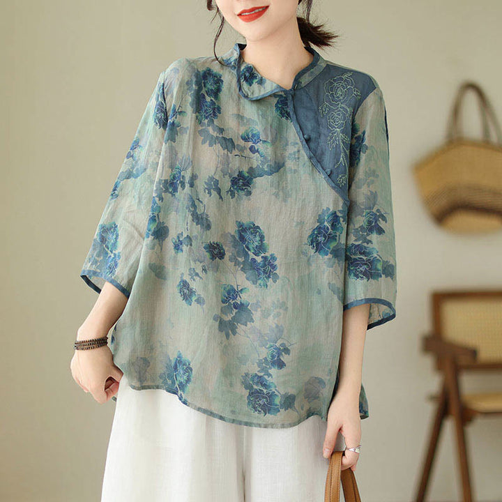 Camisa de lino y ramio con mangas tres cuartos y diseño de flores de jacarandá azul de Buddha Stones, talla grande - image 10