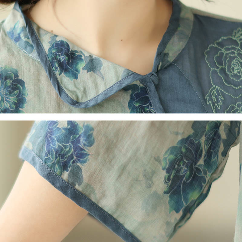 Camisa de lino y ramio con mangas tres cuartos y diseño de flores de jacarandá azul de Buddha Stones, talla grande - image 11