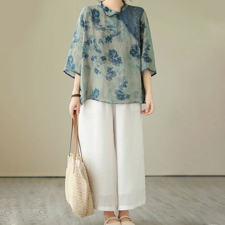 Camisa de lino y ramio con mangas tres cuartos y diseño de flores de jacarandá azul de Buddha Stones, talla grande - image 14