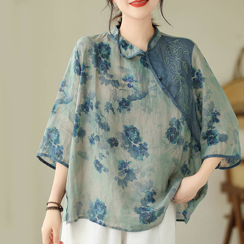 Camisa de lino y ramio con mangas tres cuartos y diseño de flores de jacarandá azul de Buddha Stones, talla grande - image 2