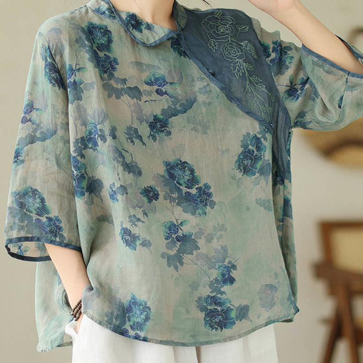 Camisa de lino y ramio con mangas tres cuartos y diseño de flores de jacarandá azul de Buddha Stones, talla grande - image 9