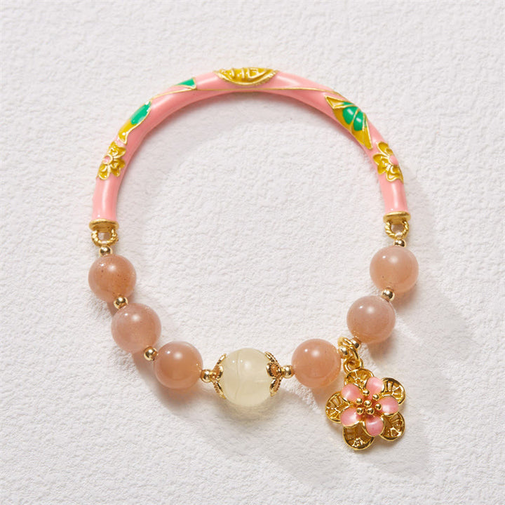 Buddha Stones, piedra natural del sol, pulsera de riqueza con dije de flor de Jade de seda dorada