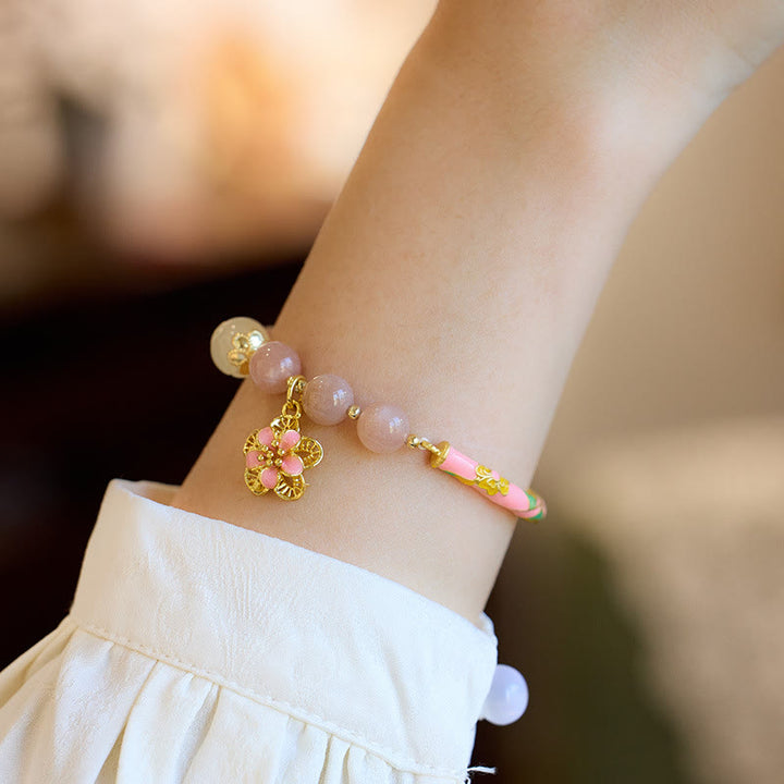 Buddha Stones, piedra natural del sol, pulsera de riqueza con dije de flor de Jade de seda dorada