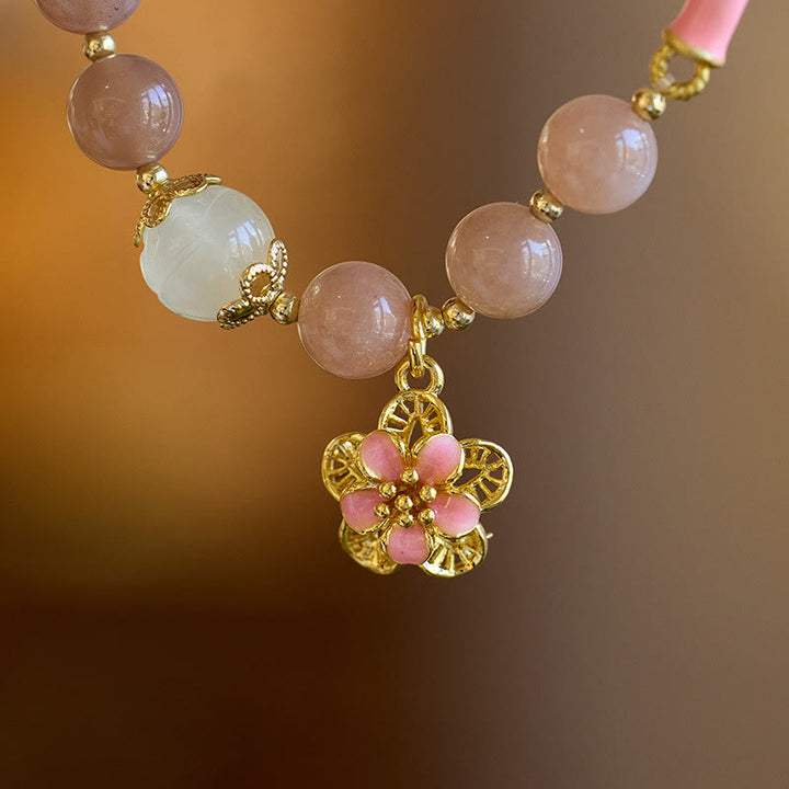 Buddha Stones, piedra natural del sol, pulsera de riqueza con dije de flor de Jade de seda dorada