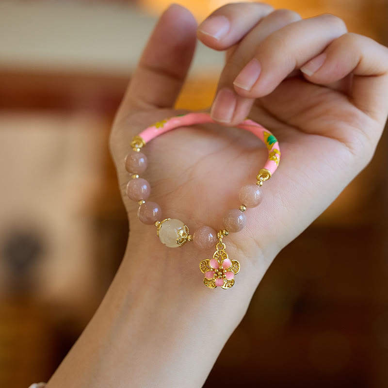 Buddha Stones, piedra natural del sol, pulsera de riqueza con dije de flor de Jade de seda dorada