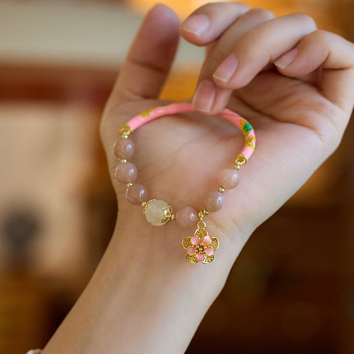 Buddha Stones, piedra natural del sol, pulsera de riqueza con dije de flor de Jade de seda dorada