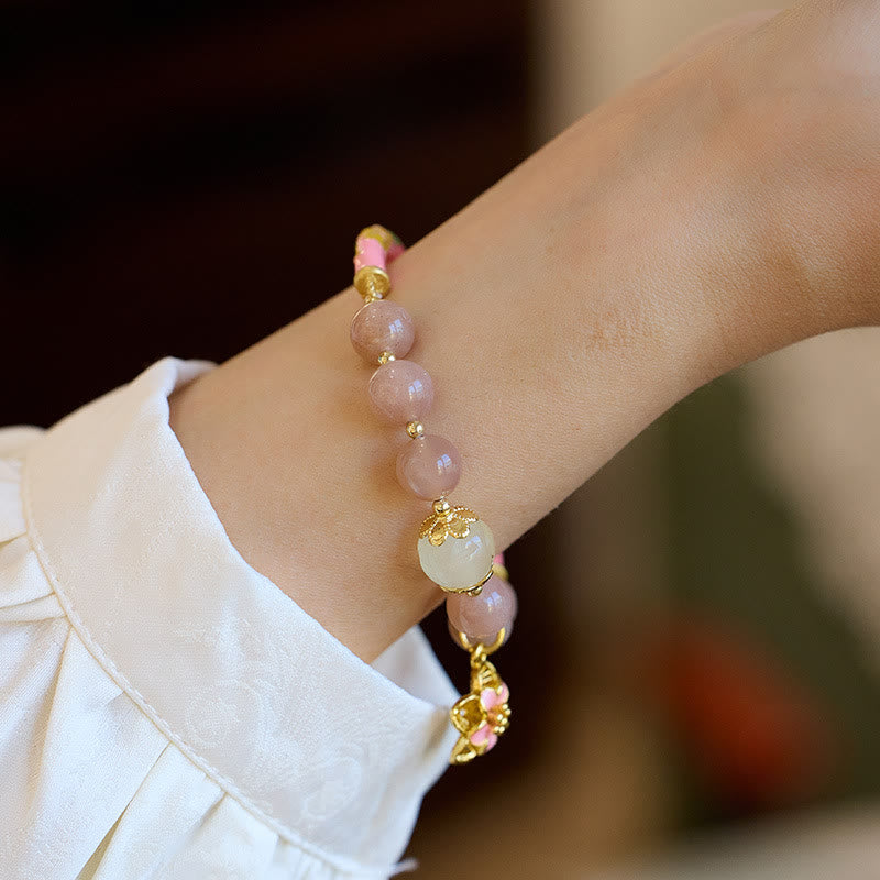Buddha Stones, piedra natural del sol, pulsera de riqueza con dije de flor de Jade de seda dorada