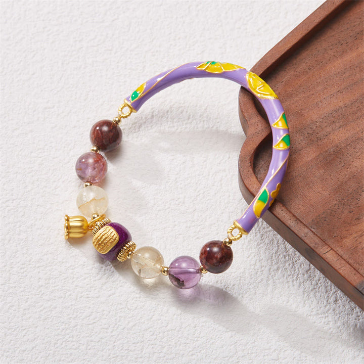 Buddha Stones Púrpura Fantasma Púrpura Jade Escritura Citrino Amor Sabiduría Pulsera Brazalete