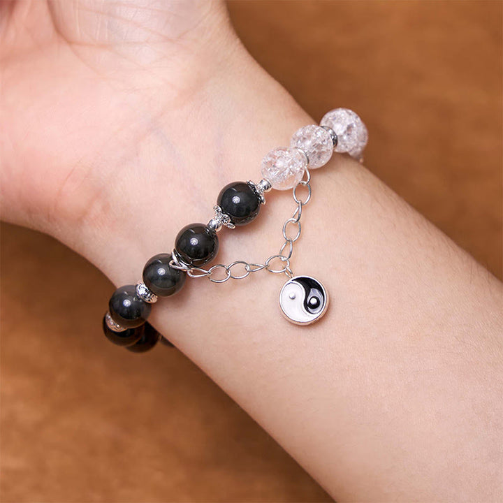 Buddha Stones, brillo plateado, obsidiana craquelada, cuarzo transparente, Cuarzo rutilado negro, pulsera de protección de loto Yin Yang