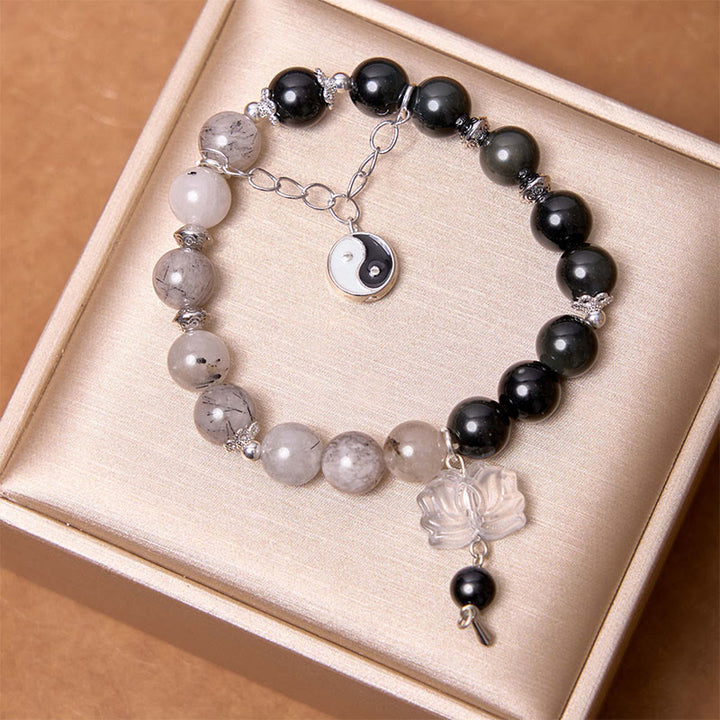 Buddha Stones, brillo plateado, obsidiana craquelada, cuarzo transparente, Cuarzo rutilado negro, pulsera de protección de loto Yin Yang