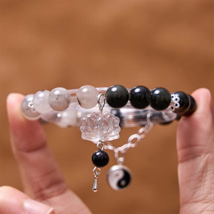 Buddha Stones, brillo plateado, obsidiana craquelada, cuarzo transparente, Cuarzo rutilado negro, pulsera de protección de loto Yin Yang