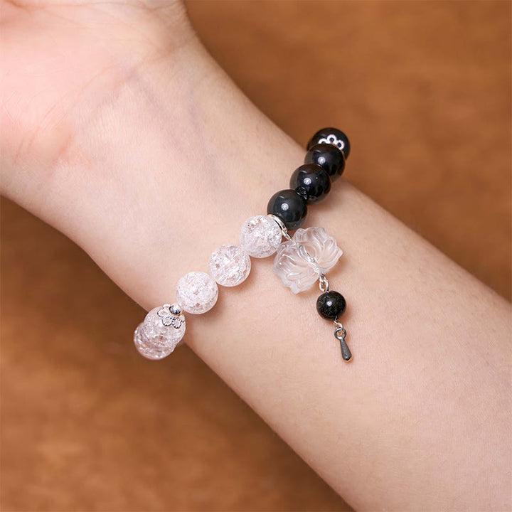 Buddha Stones, brillo plateado, obsidiana craquelada, cuarzo transparente, Cuarzo rutilado negro, pulsera de protección de loto Yin Yang