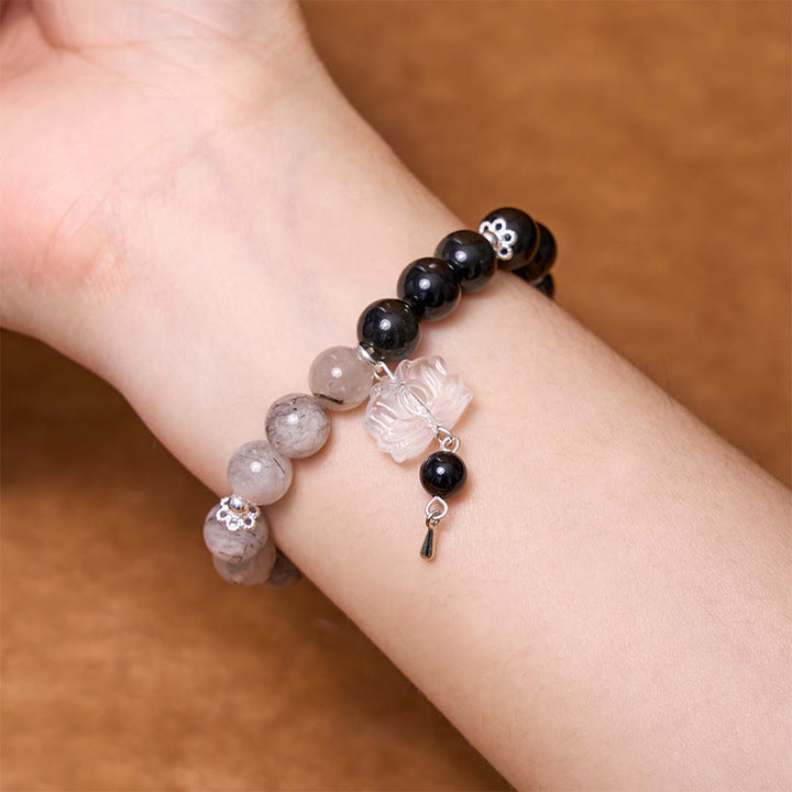 Buddha Stones, brillo plateado, obsidiana craquelada, cuarzo transparente, Cuarzo rutilado negro, pulsera de protección de loto Yin Yang