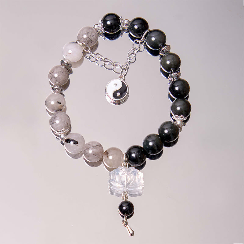 Buddha Stones, brillo plateado, obsidiana craquelada, cuarzo transparente, Cuarzo rutilado negro, pulsera de protección de loto Yin Yang