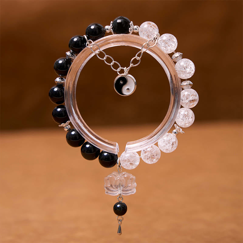 Buddha Stones, brillo plateado, obsidiana craquelada, cuarzo transparente, Cuarzo rutilado negro, pulsera de protección de loto Yin Yang