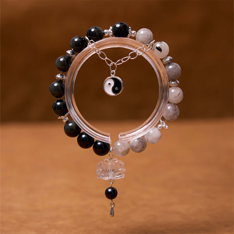 Buddha Stones, brillo plateado, obsidiana craquelada, cuarzo transparente, Cuarzo rutilado negro, pulsera de protección de loto Yin Yang