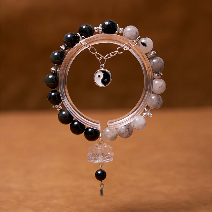 Buddha Stones, brillo plateado, obsidiana craquelada, cuarzo transparente, Cuarzo rutilado negro, pulsera de protección de loto Yin Yang