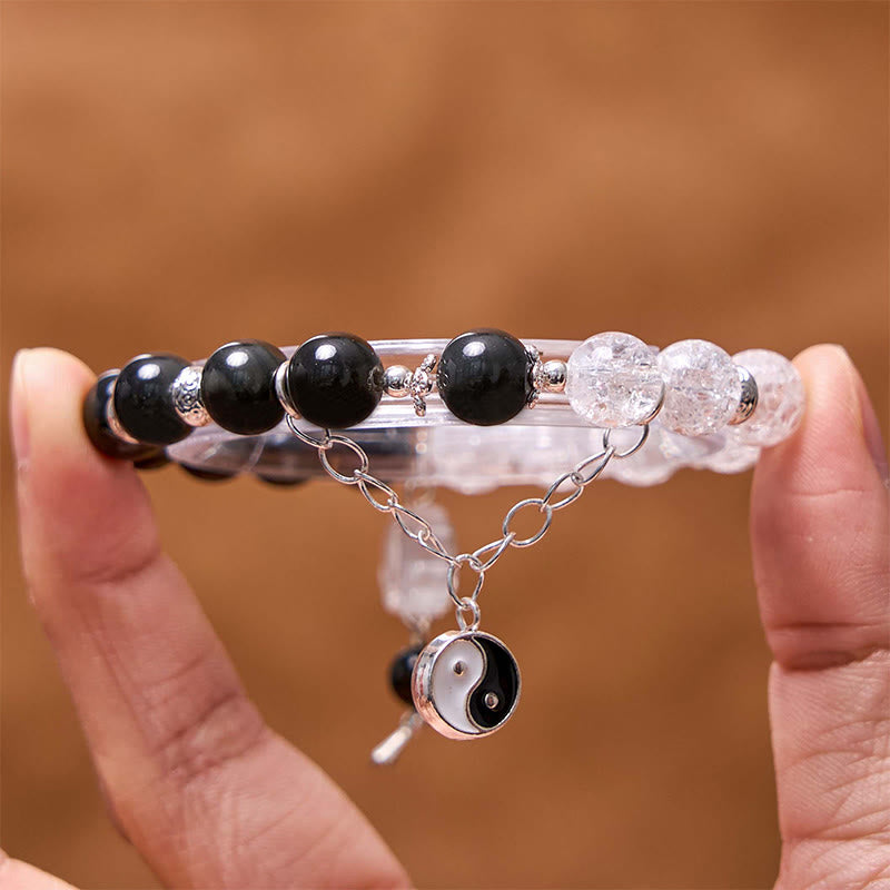 Buddha Stones, brillo plateado, obsidiana craquelada, cuarzo transparente, Cuarzo rutilado negro, pulsera de protección de loto Yin Yang