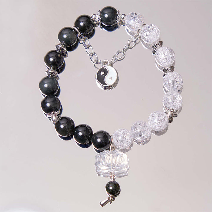 Buddha Stones, brillo plateado, obsidiana craquelada, cuarzo transparente, Cuarzo rutilado negro, pulsera de protección de loto Yin Yang