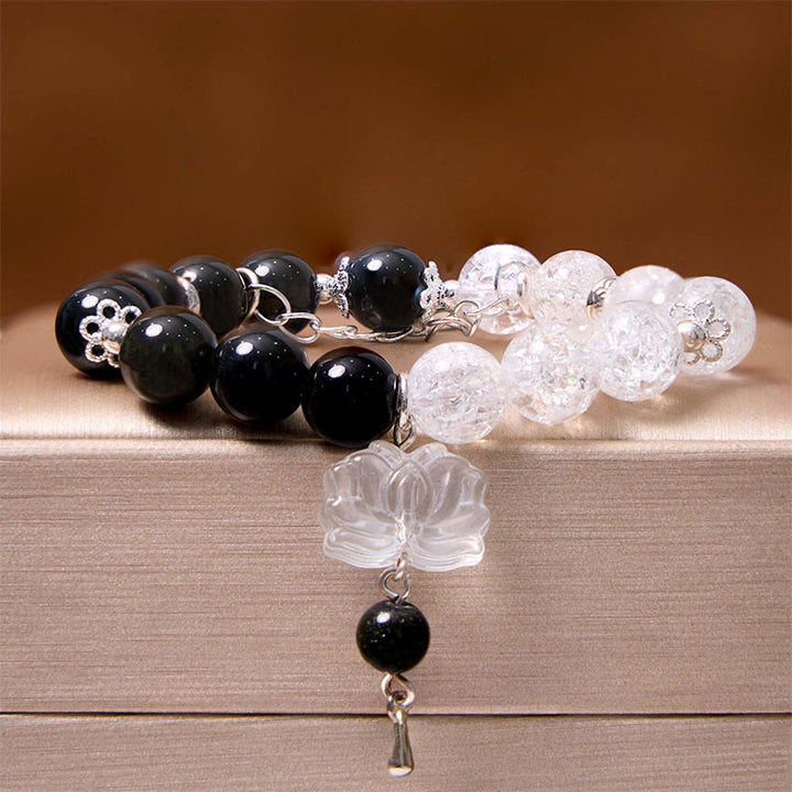 Buddha Stones, brillo plateado, obsidiana craquelada, cuarzo transparente, Cuarzo rutilado negro, pulsera de protección de loto Yin Yang