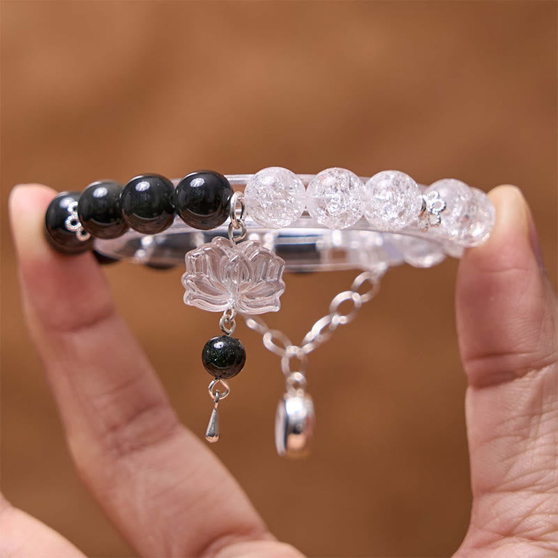 Buddha Stones, brillo plateado, obsidiana craquelada, cuarzo transparente, Cuarzo rutilado negro, pulsera de protección de loto Yin Yang