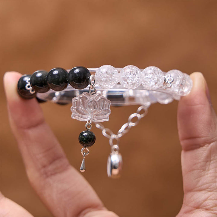 Buddha Stones, brillo plateado, obsidiana craquelada, cuarzo transparente, Cuarzo rutilado negro, pulsera de protección de loto Yin Yang