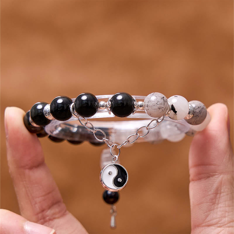 Buddha Stones, brillo plateado, obsidiana craquelada, cuarzo transparente, Cuarzo rutilado negro, pulsera de protección de loto Yin Yang
