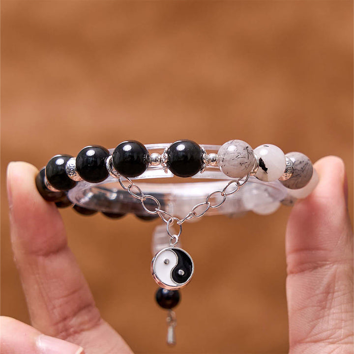 Buddha Stones, brillo plateado, obsidiana craquelada, cuarzo transparente, Cuarzo rutilado negro, pulsera de protección de loto Yin Yang