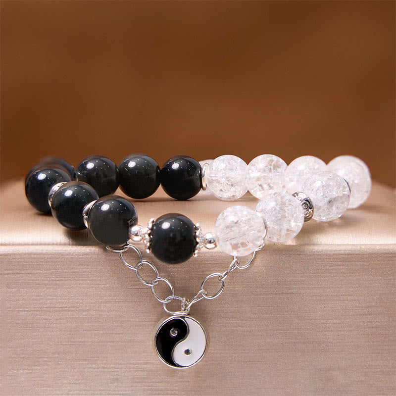 Buddha Stones, brillo plateado, obsidiana craquelada, cuarzo transparente, Cuarzo rutilado negro, pulsera de protección de loto Yin Yang