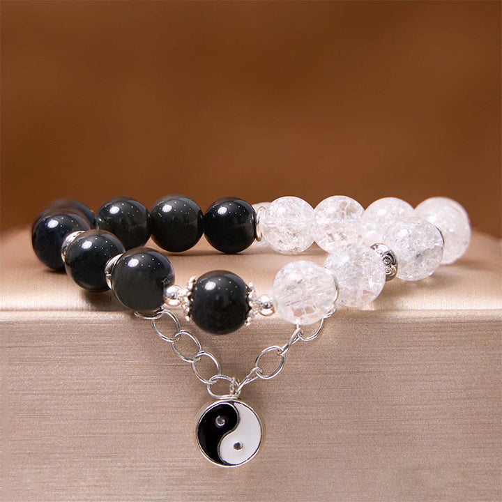 Buddha Stones, brillo plateado, obsidiana craquelada, cuarzo transparente, Cuarzo rutilado negro, pulsera de protección de loto Yin Yang
