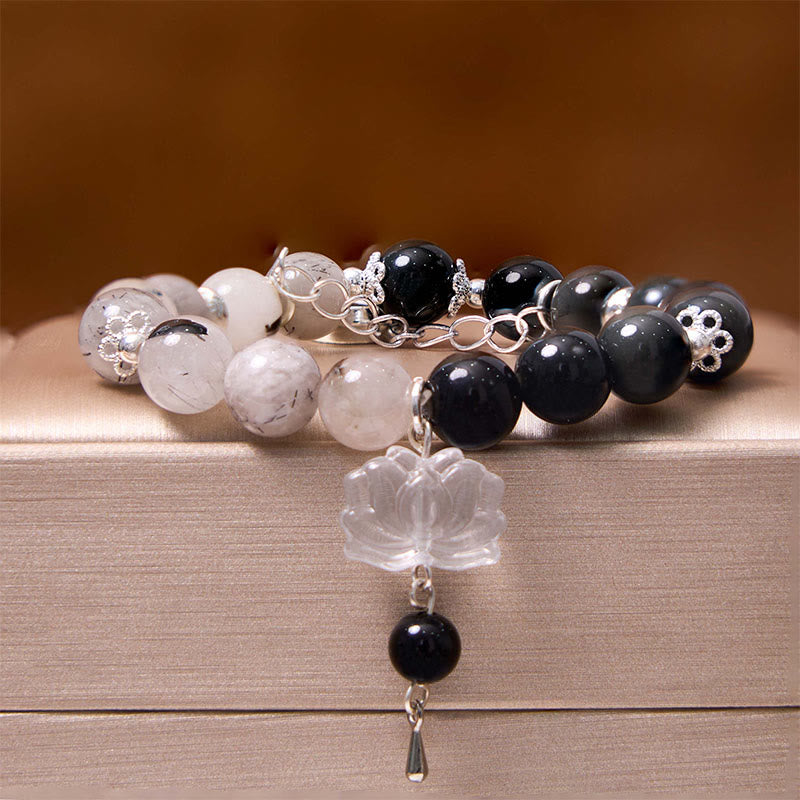 Buddha Stones, brillo plateado, obsidiana craquelada, cuarzo transparente, Cuarzo rutilado negro, pulsera de protección de loto Yin Yang