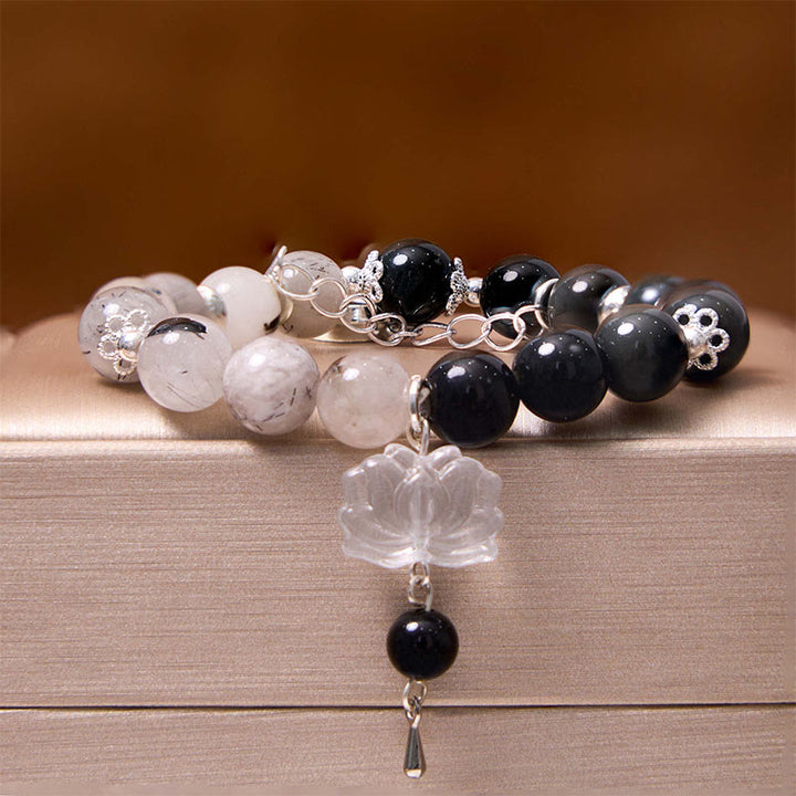 Buddha Stones, brillo plateado, obsidiana craquelada, cuarzo transparente, Cuarzo rutilado negro, pulsera de protección de loto Yin Yang