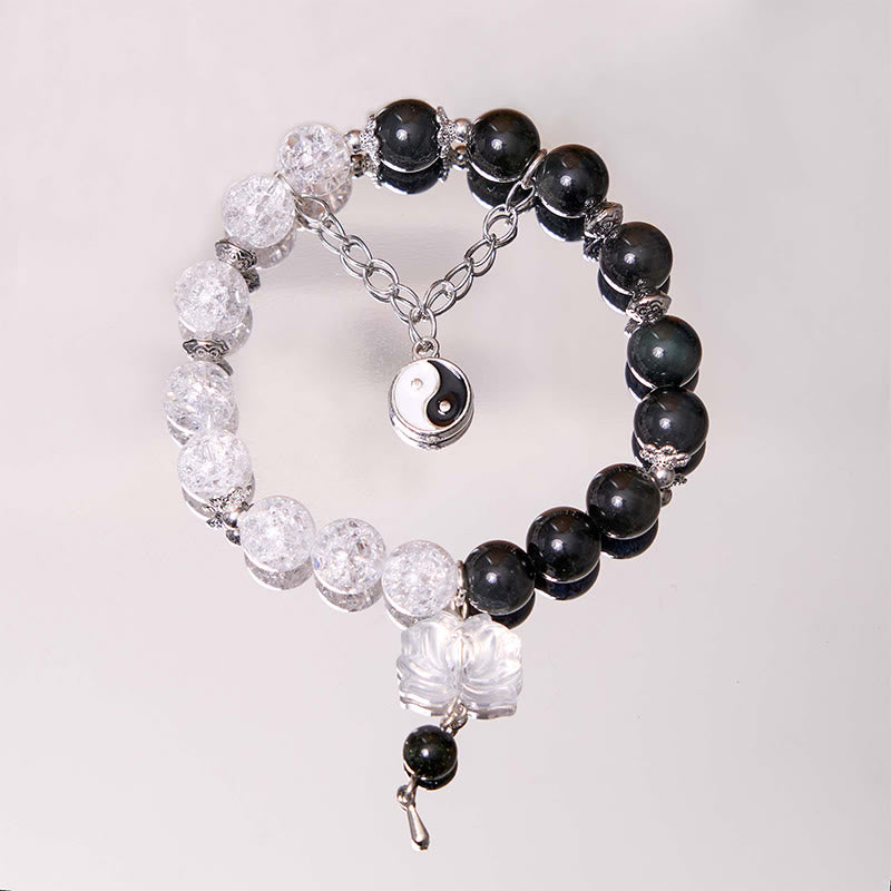 Buddha Stones, brillo plateado, obsidiana craquelada, cuarzo transparente, Cuarzo rutilado negro, pulsera de protección de loto Yin Yang