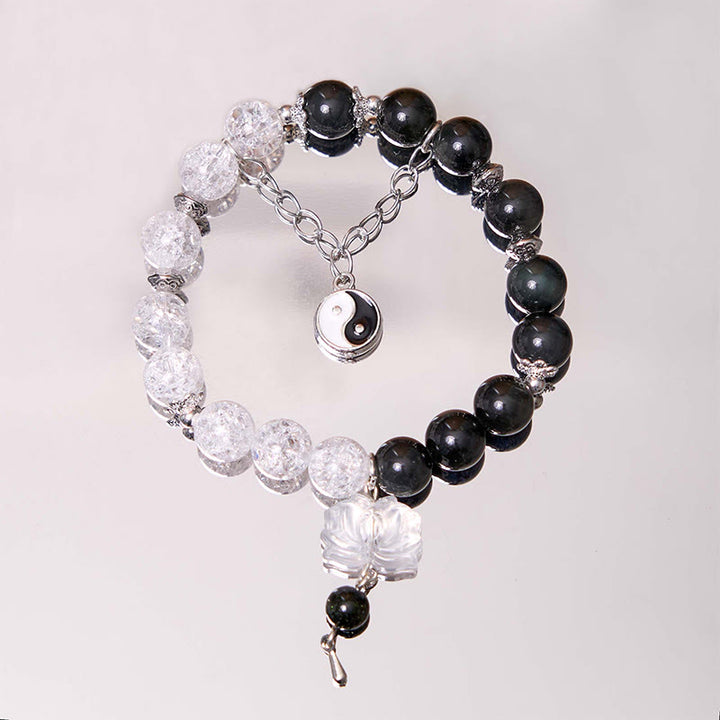 Buddha Stones, brillo plateado, obsidiana craquelada, cuarzo transparente, Cuarzo rutilado negro, pulsera de protección de loto Yin Yang