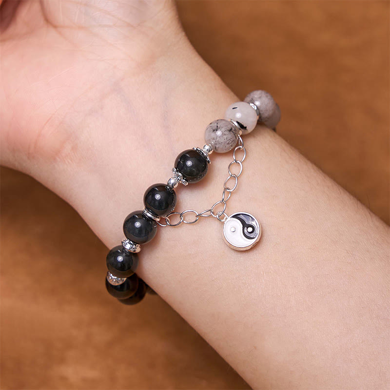 Buddha Stones, brillo plateado, obsidiana craquelada, cuarzo transparente, Cuarzo rutilado negro, pulsera de protección de loto Yin Yang